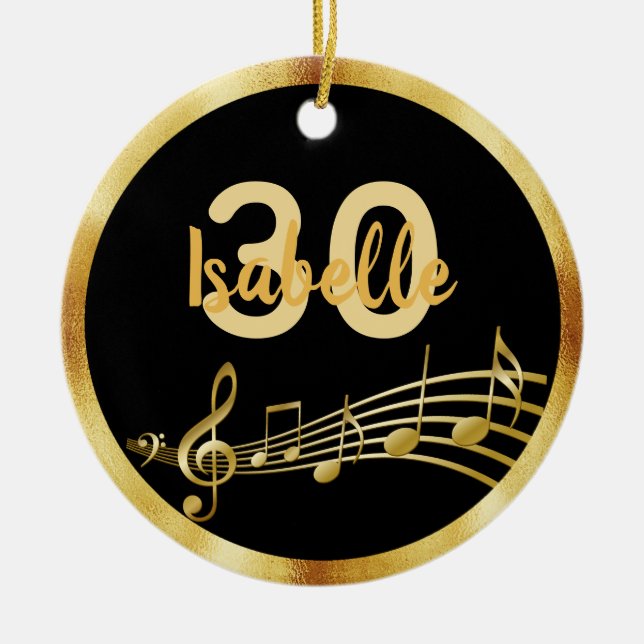 30th birthday black gold music notes name ceramic ornament (Front)