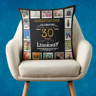 30th Birthday Black Gold Photo Collage Cushion