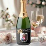 30th Birthday black gold photo Sparkling Wine Label<br><div class="desc">A classic black background decorated. Personalise and add a date,  name and a photo.  Age number written with a balloon style font.</div>