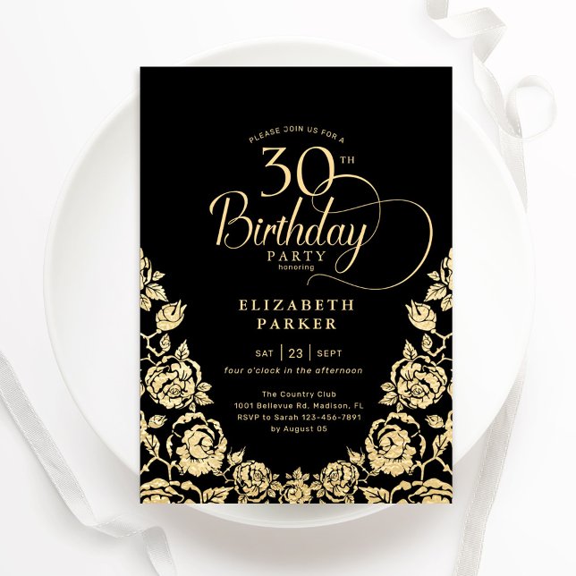 30th Birthday Black Gold Roses Invitation (Creator Uploaded)