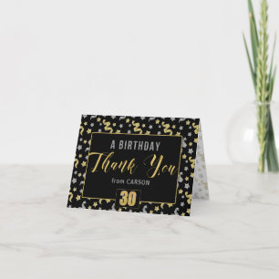 30th Birthday Black Gold Silver Confetti with Name Thank You Card