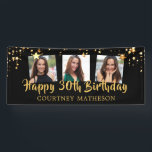 30th Birthday Black Gold Stars Photo Personalised Banner<br><div class="desc">Celebrate a 30th (or any birthday) birthday with a personalised black and gold star photo banner sign that makes the star of the day or party shine with three photos, a sample HAPPY 30TH BIRTHDAY message and their name. The design suggests a modern handwritten brush script font for the message...</div>