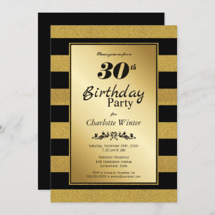 30th Birthday Black Gold Striped Party Invitation