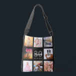30th birthday black photo collage crossbody bag<br><div class="desc">A unique gift for a woman's 30th birthday, celebrating her life with a collage of 8 of your own photos, pictures. Personalise and add her name, age 30 and a date. A chic black background. Grey and white letters and numbers. The name is written with a modern hand lettered style...</div>
