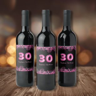30th Birthday Black Pink Balloons   Faux Glitter Wine Label
