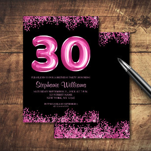 30th Birthday Black Pink Balloons Glitter Invitation