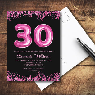 30th Birthday Black Pink Balloons Glitter  Invitation Postcard