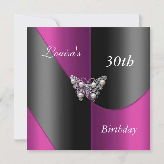 30th Birthday Black Pink Plum Purple Butterfly Invitation (Front)
