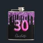 30th birthday black purple glitter script friends hip flask<br><div class="desc">A gift from friends for a girly and glamourous 30th birthday girl. A classic black background with purple faux glitter drips, paint dripping look. Personalise and add a name.The text: The name is written in violet with a modern hand lettered style script. Age 30 is written with a trendy balloon...</div>