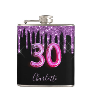 30th birthday black purple glitter script friends hip flask
