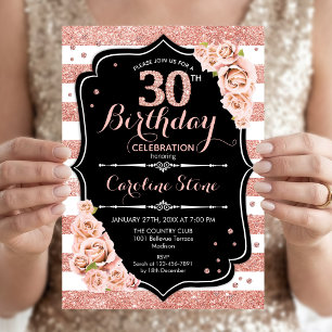 30th Birthday Black Rose Gold and White Stripes Invitation
