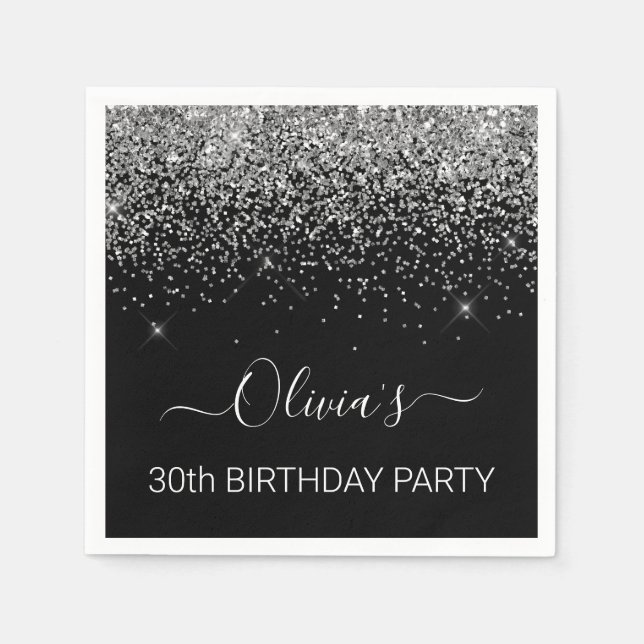 30th Birthday Black Silver Glitter Any Age Napkin (Front)