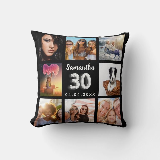 30th birthday black silver photo collage cushion (Front)