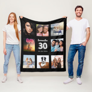 30th birthday black silver photo collage name fleece blanket