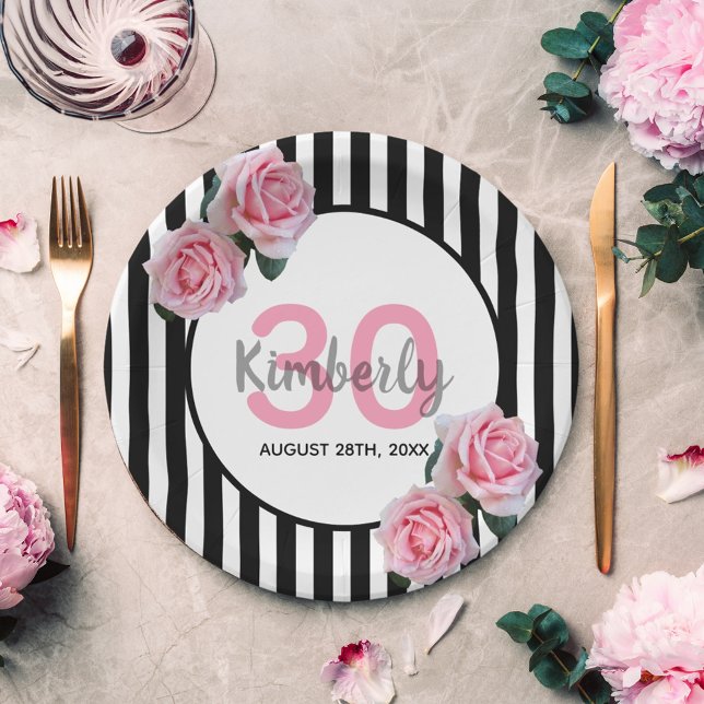 30th birthday black stripes pink florals name paper plate (Creator Uploaded)