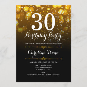 30th Birthday - Black White Gold Invitation