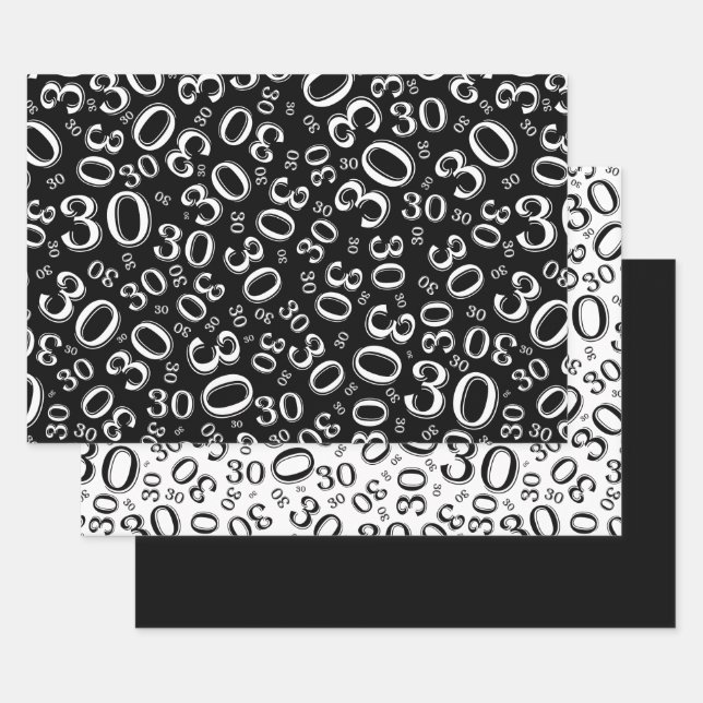 30th Birthday Black & White Number Pattern 30 Wrapping Paper Sheet (Set)