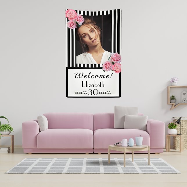 30th birthday black white stripes flowers photo banner (Creator Uploaded)