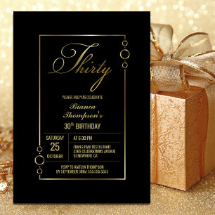 30th Birthday Black with Gold Frame Party Invitation