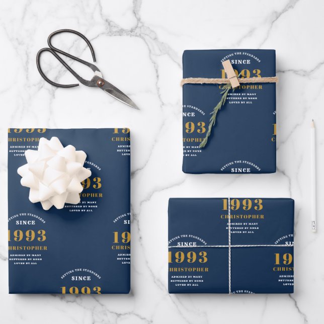30th Birthday Blue Gold Add Name And Year Wrapping Paper Sheet (Front)