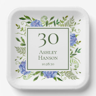 30th Birthday Blue Hydrangeas Paper Plate