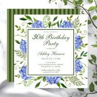 30th Birthday Blue Hydrangeas Script