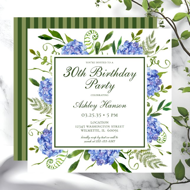 30th Birthday Blue Hydrangeas Script Invitation (Creator Uploaded)