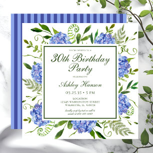 30th Birthday Blue Hydrangeas Script Invitation