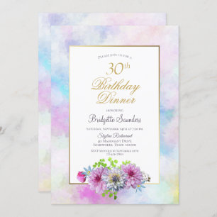 30th Birthday  Blue Pink Floral Pastel Dinner Invitation