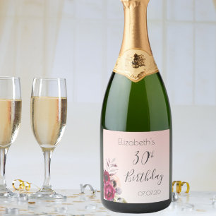 30th birthday blush pink rose gold floral sparkling wine label