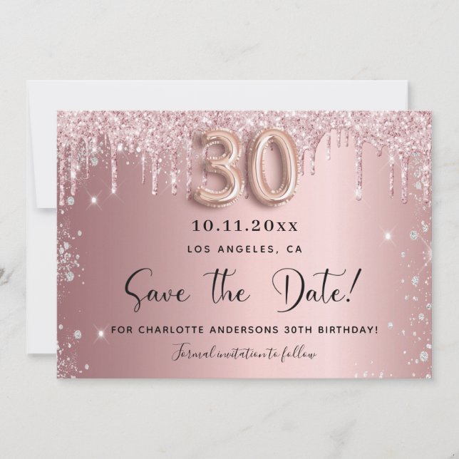 30th birthday blush pink silver save the date (Front)