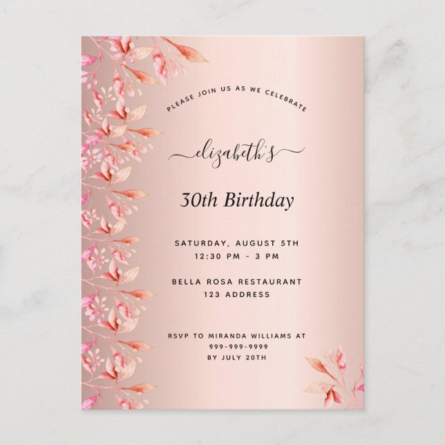 30th birthday blush rose gold floral invitation postcard (Front)