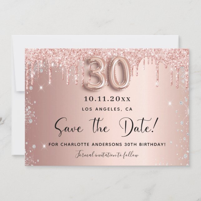 30th birthday blush rose gold silver save the date (Front)