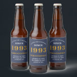 30th Birthday Born 1993 Add Name Blue Gold Beer Bottle Label<br><div class="desc">Personalized Birthday add your name and year beer label. Edit the name and year with the template provided. A wonderful custom blue birthday party accessory. More gifts and party supplies available with the "setting standards" design in the store.</div>