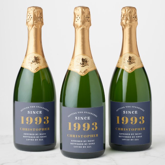 30th Birthday Born 1993 Add Name Blue Gold Sparkling Wine Label (Bottles)