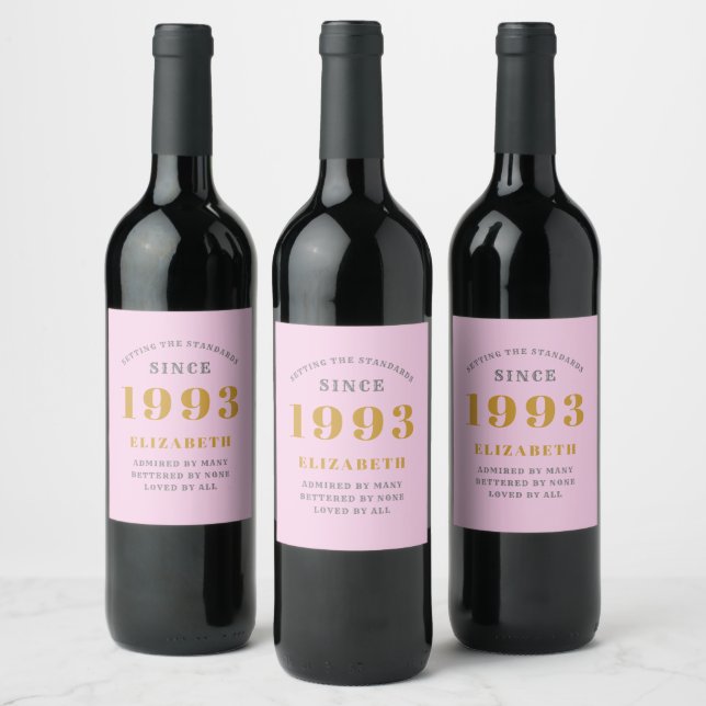 30th Birthday Born 1993 Add Name Pink Gray Wine Label (Bottles)