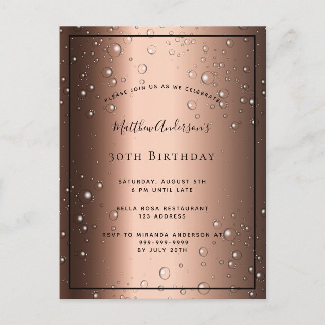 30th Birthday bronze brown black bubble invitation Postcard (Front)