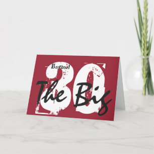 30th Birthday, brother, black, white text on red. Card