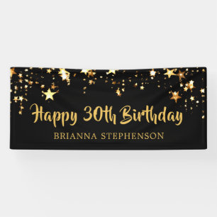 30th Birthday Brush Script Black Gold Stars Banner