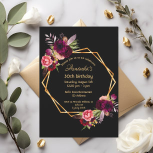 30th birthday burgundy floral gold geometric black invitation