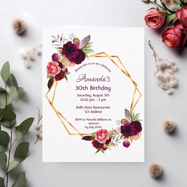 30th birthday burgundy floral gold invitation postcard (Creator Uploaded)
