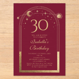 30th Birthday Burgundy Gold Celestial Stars Acrylic Invitations