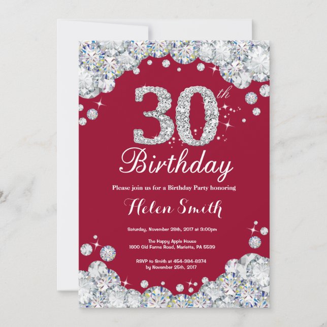 30th Birthday Burgundy Red and Silver Diamond Invitation (Front)