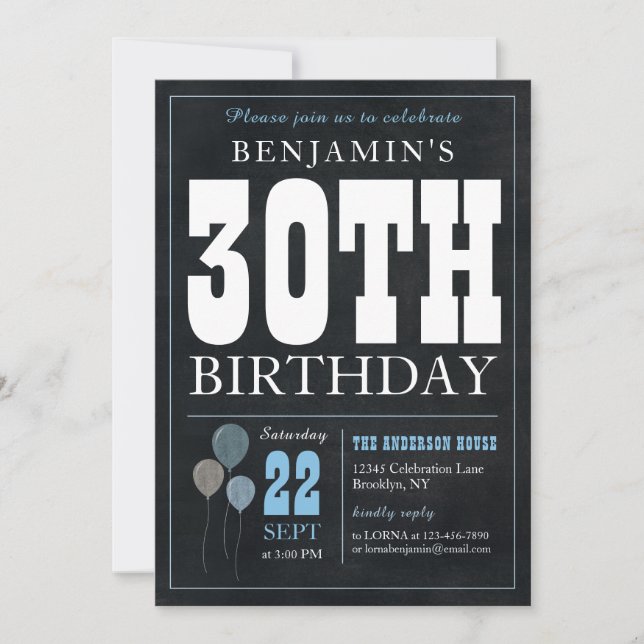 30th Birthday Chalkboard Blue Balloon Rustic Chic Invitation (Front)