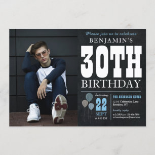 30th Birthday Chalkboard Blue Balloon Rustic Photo Invitation