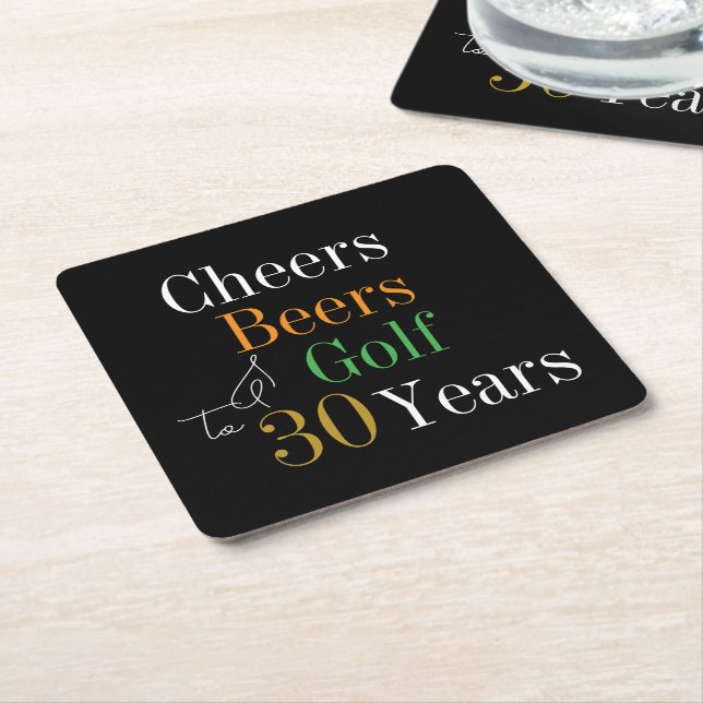 30th Birthday Cheers Beers Golf Black Gold Party Square Paper Coaster (Angled)