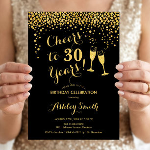 30th Birthday - Cheers To 30 Years Gold Black Invitation