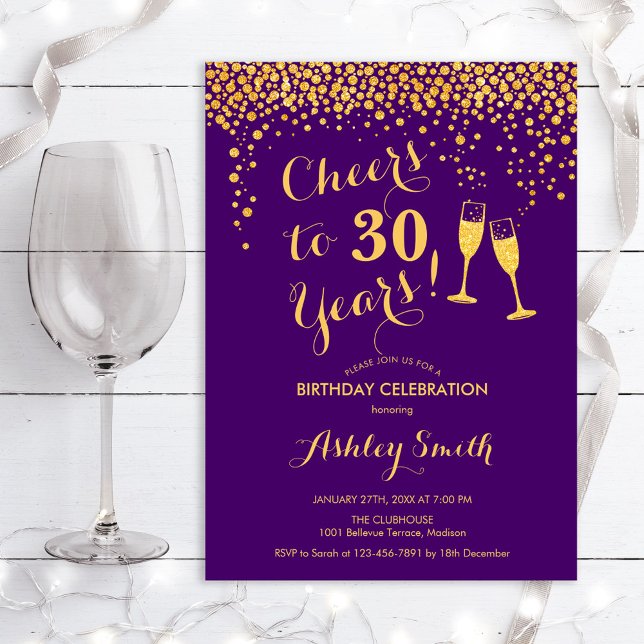 30th Birthday - Cheers To 30 Years Gold Purple Invitation (Creator Uploaded)