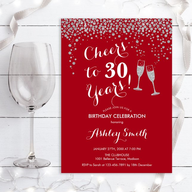 30th Birthday - Cheers To 30 Years Red Silver Invitation (Creator Uploaded)