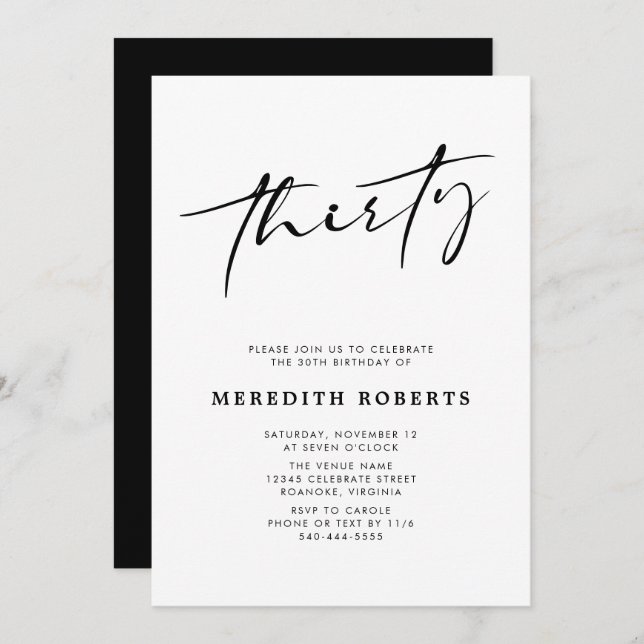 30th Birthday Chic Modern Script Minimalist Party Invitation (Front/Back)